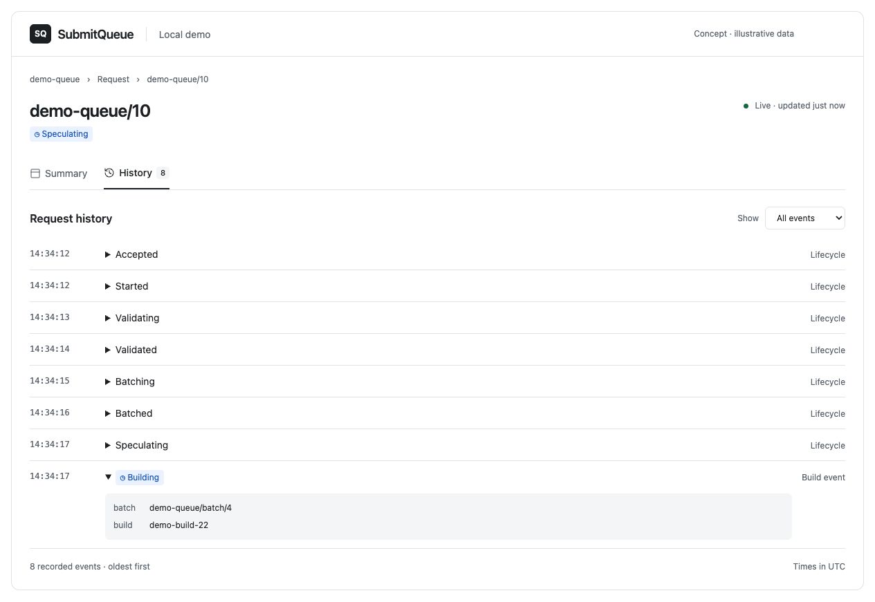 Request history mockup showing timestamped lifecycle and build events, an event-type filter, and expanded build metadata.